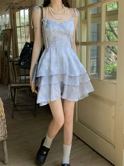 vzyzvTie-dye Lace-up Dress Women Spring Back Hollowed Out Suspender Skirt A-line Skirt Korean Fashion Dresses for Women