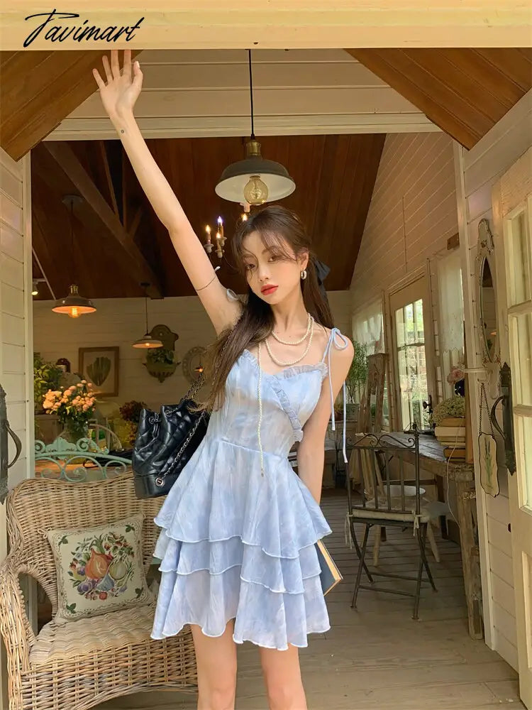 vzyzvTie-dye Lace-up Dress Women Spring Back Hollowed Out Suspender Skirt A-line Skirt Korean Fashion Dresses for Women