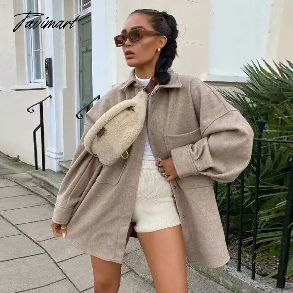 vzyzvVintage Women's Camel Woolen Jackets Spring-Autumn Pocket Drop Shoulder Sleeve Coat Ladies Loose Streetwear Chic Outwear