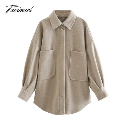 vzyzvVintage Women's Camel Woolen Jackets Spring-Autumn Pocket Drop Shoulder Sleeve Coat Ladies Loose Streetwear Chic Outwear