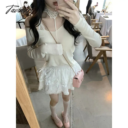 vzyzv  -  White Mini Skirts Women Lace Patchwork Sweet A-line High Street Bow Korean Fashion Y2k Skirt Harajuku All-match Streetwear Ins