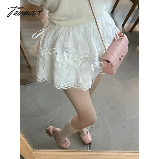 vzyzv  -  White Mini Skirts Women Lace Patchwork Sweet A-line High Street Bow Korean Fashion Y2k Skirt Harajuku All-match Streetwear Ins