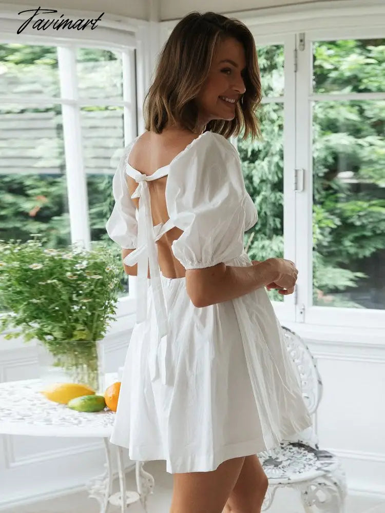 vzyzvWhite Puff Sleeve Women Short Dress Spring Summer Holiday Casual High Waist  Mini Dress Casaul Ruffle Vestidos A1073