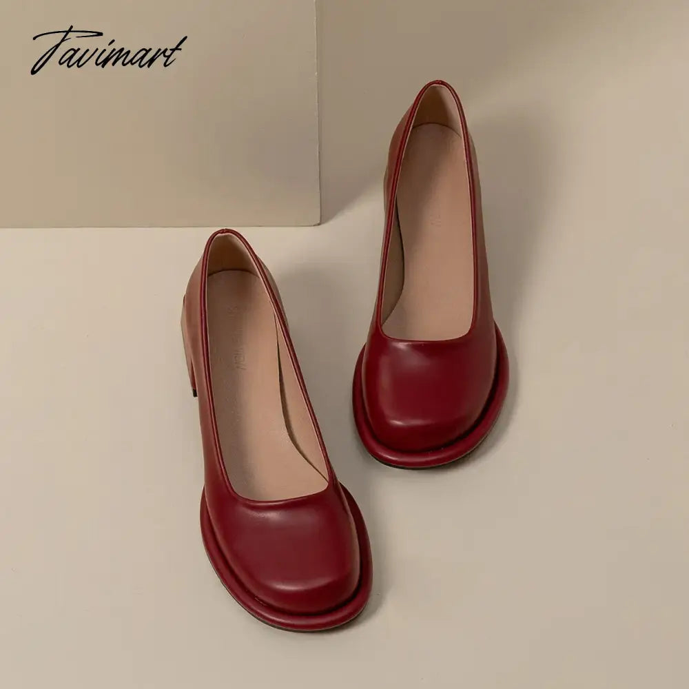 vzyzvWine-red shoes with thick heels in spring of 2024, new female high-grade round head retro fairy wind Mary Jane wedding shoes.