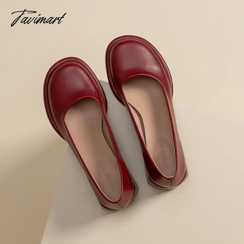 vzyzvWine-red shoes with thick heels in spring of 2024, new female high-grade round head retro fairy wind Mary Jane wedding shoes.