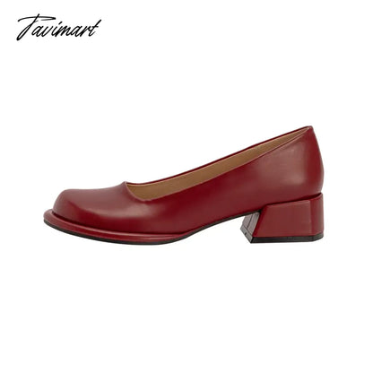 vzyzvWine-red shoes with thick heels in spring of 2024, new female high-grade round head retro fairy wind Mary Jane wedding shoes.