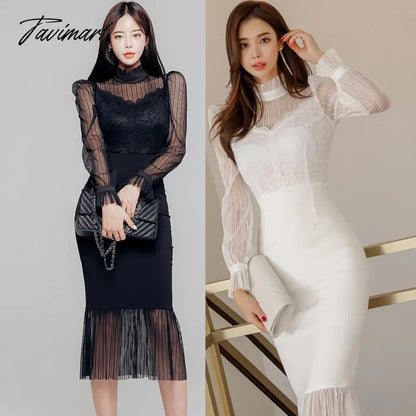 Tavimart Winter New Mesh Stitching Lace Lantern Sleeve Fishtail Dress Elegant Office Chic Simple Korean Party Women Dresses