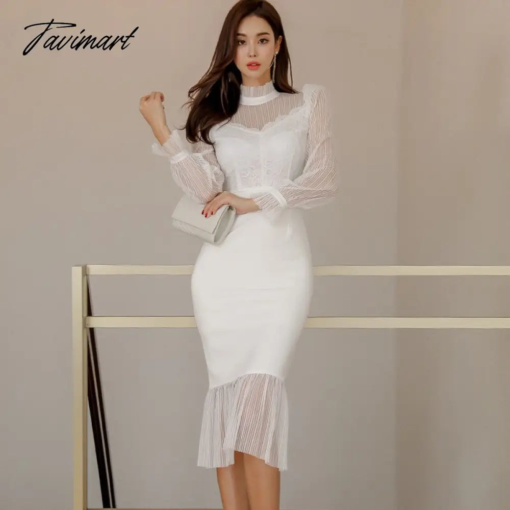 Tavimart Winter New Mesh Stitching Lace Lantern Sleeve Fishtail Dress Elegant Office Chic Simple Korean Party Women Dresses