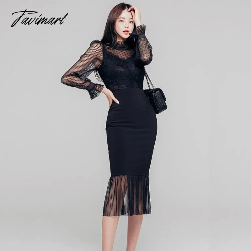 Tavimart Winter New Mesh Stitching Lace Lantern Sleeve Fishtail Dress Elegant Office Chic Simple Korean Party Women Dresses