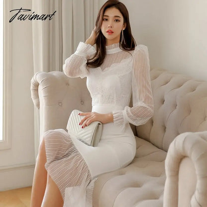 Tavimart Winter New Mesh Stitching Lace Lantern Sleeve Fishtail Dress Elegant Office Chic Simple Korean Party Women Dresses