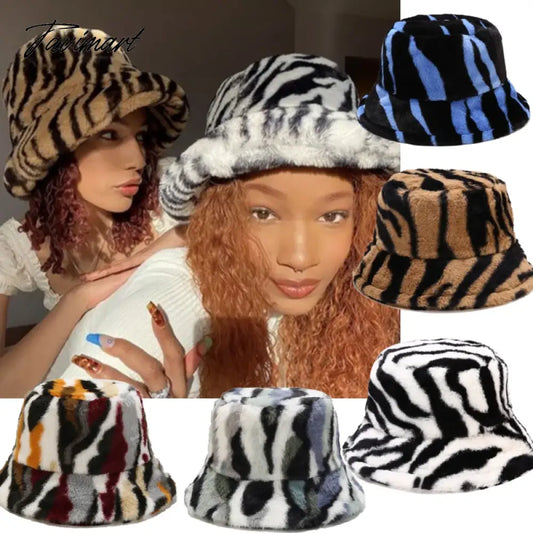 Tavimart Winter Women Fisherman Hat Plush Warm Striped Basin Hats Korean Versatile Fashion Female Hats Thicken Outdoor Cold Proof Hats