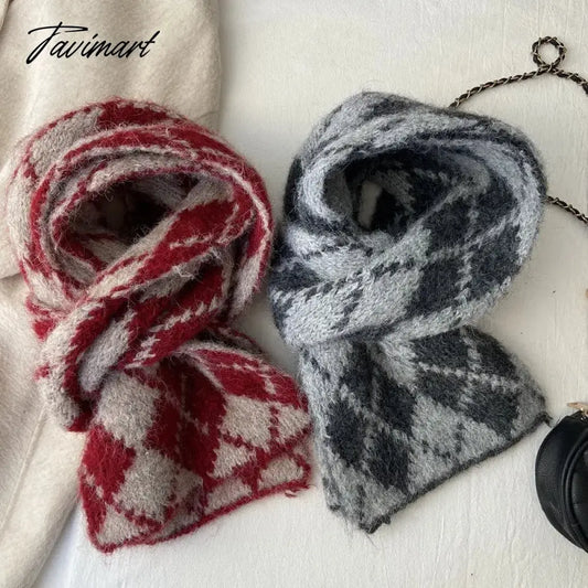 Tavimart Winter Wool Blended Rhomboid Lattice Scarf Women Checkered Scarf Knitted Versatile Korean Edition Japanese 180*35cm Long Scarf