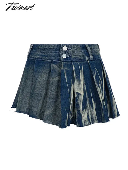 vzyzv  -  Woman Denim Skirt Low Waist Pleated Tie-dyed Skirt A-line Wash Skirt Draped Mini Korean Preppy Style Kawaii All-match Y2k Ins