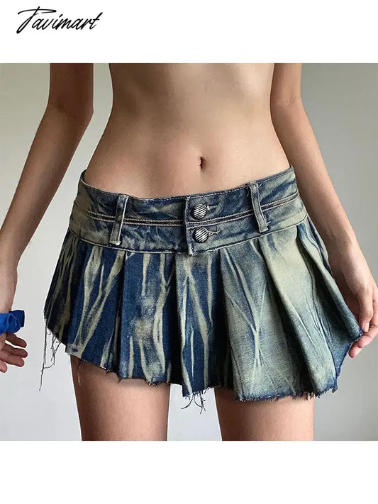 vzyzv  -  Woman Denim Skirt Low Waist Pleated Tie-dyed Skirt A-line Wash Skirt Draped Mini Korean Preppy Style Kawaii All-match Y2k Ins