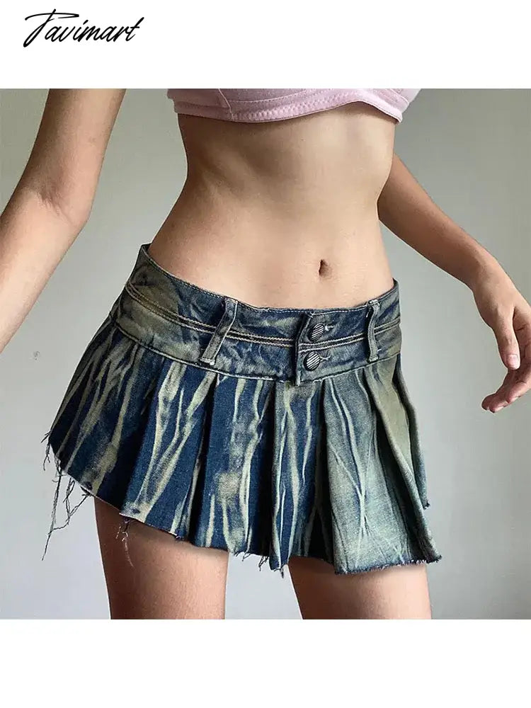 vzyzv  -  Woman Denim Skirt Low Waist Pleated Tie-dyed Skirt A-line Wash Skirt Draped Mini Korean Preppy Style Kawaii All-match Y2k Ins