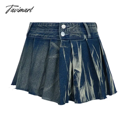 vzyzv  -  Woman Denim Skirt Low Waist Pleated Tie-dyed Skirt A-line Wash Skirt Draped Mini Korean Preppy Style Kawaii All-match Y2k Ins