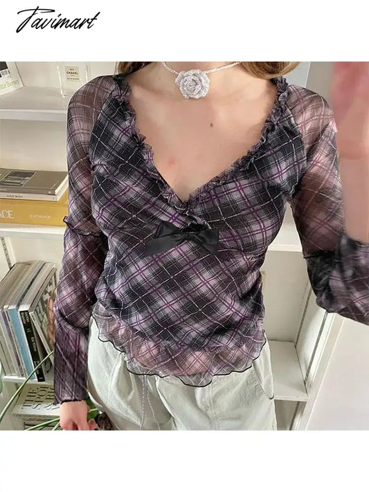 vzyzv -  Woman Knit Crochet Gauze T-Shirts V Neck Mesh Long Sleeve Tees Casual Tops Plaid Pleated Elegant Crop Korean Top Fashion Ins