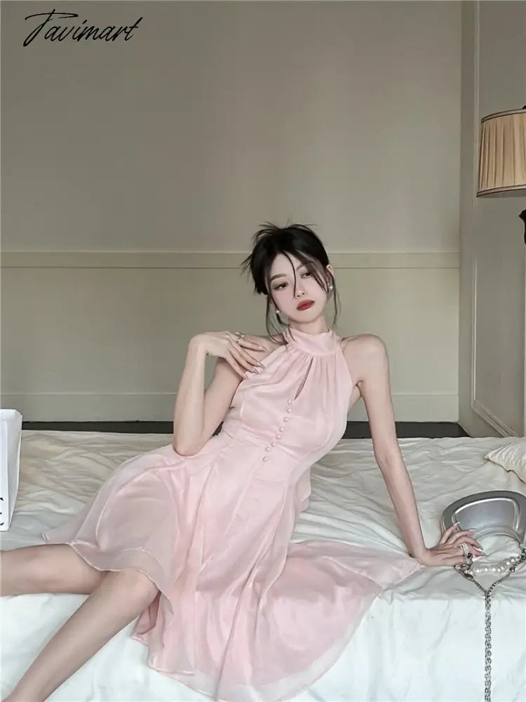 Tavimart Woman Sleeveless Halter Button Chiffon Dress Women Korean Fashion Vestidos Sweet Pink Short Summer Party Dresses Feminino