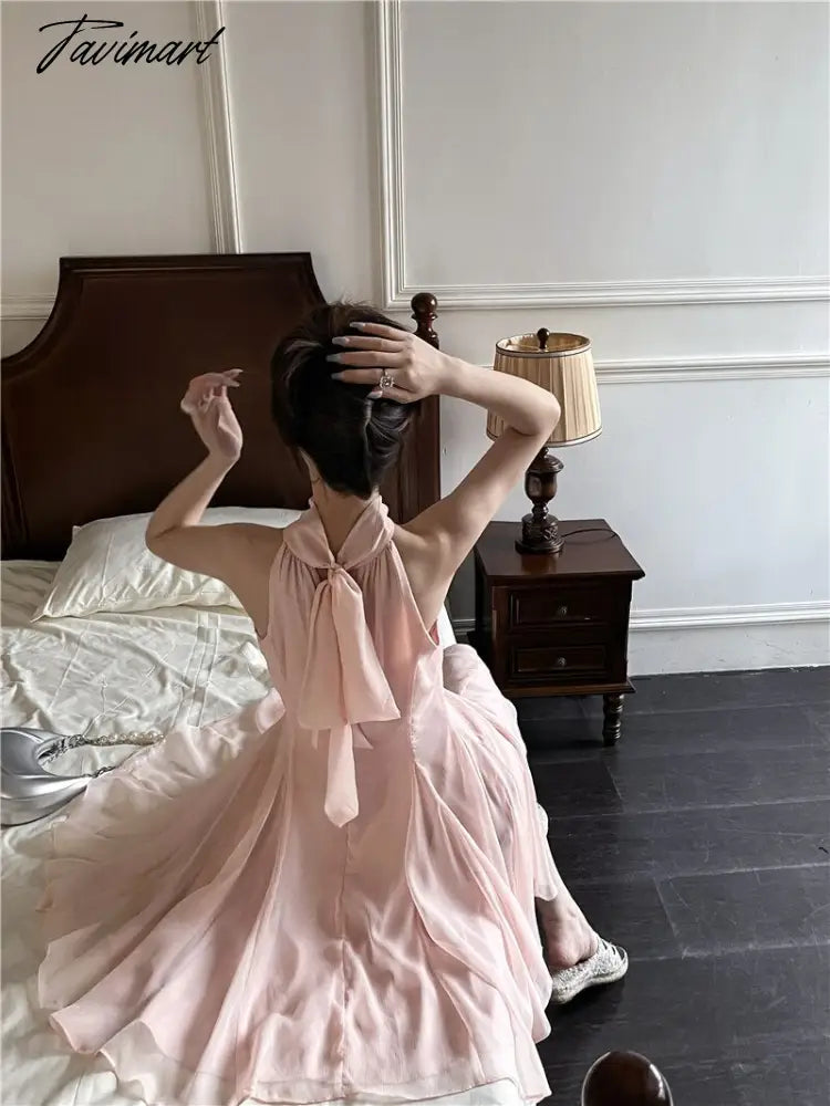 Tavimart Woman Sleeveless Halter Button Chiffon Dress Women Korean Fashion Vestidos Sweet Pink Short Summer Party Dresses Feminino