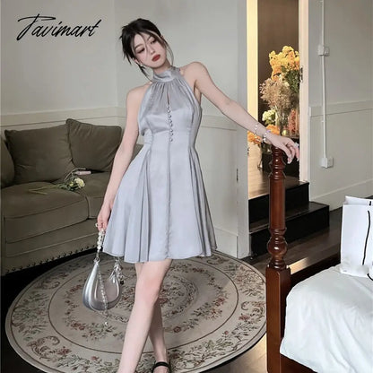 Tavimart Woman Sleeveless Halter Button Chiffon Dress Women Korean Fashion Vestidos Sweet Pink Short Summer Party Dresses Feminino