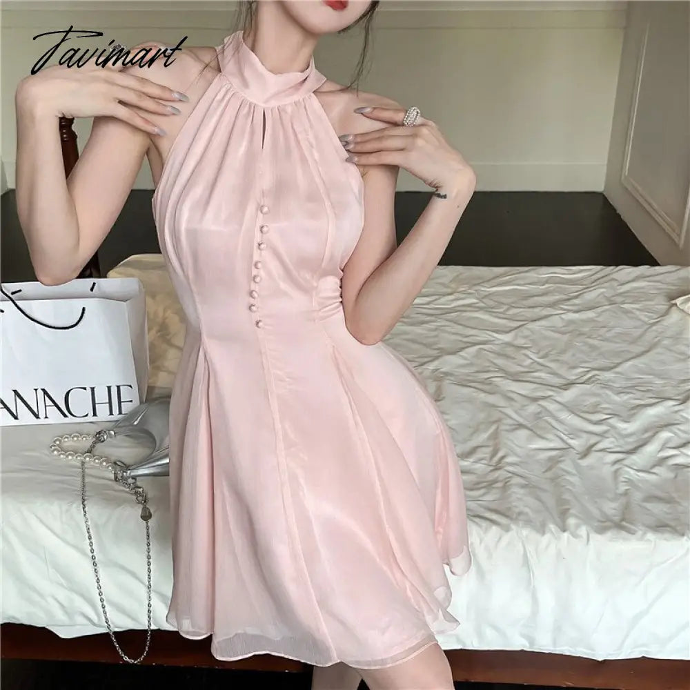 Tavimart Woman Sleeveless Halter Button Chiffon Dress Women Korean Fashion Vestidos Sweet Pink Short Summer Party Dresses Feminino