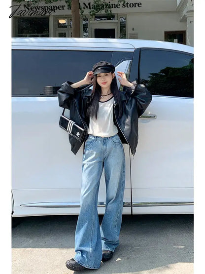 vzyzv -  Woman Streetwear Jeans Preppy Style Denim Korean Pants Trousers Pockets Sweatpants Zipper Cargo Pants Wide Leg Bell Bottoms