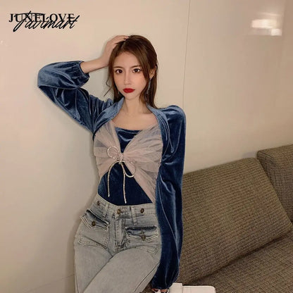 Tavimart Women Blouses Bow Gauze Patchwork Pleuche Shirts Sexy Lady Square Collar Puff Sleeve Blouse Korean Fashion Blusas Tops