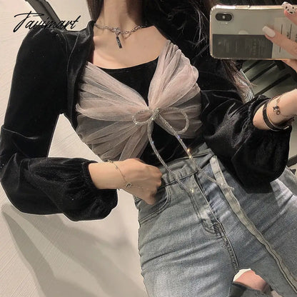 Tavimart Women Blouses Bow Gauze Patchwork Pleuche Shirts Sexy Lady Square Collar Puff Sleeve Blouse Korean Fashion Blusas Tops