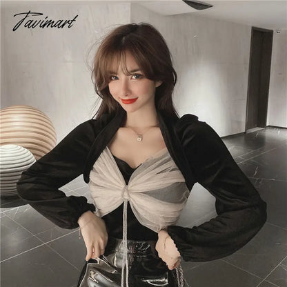 Tavimart Women Blouses Bow Gauze Patchwork Pleuche Shirts Sexy Lady Square Collar Puff Sleeve Blouse Korean Fashion Blusas Tops