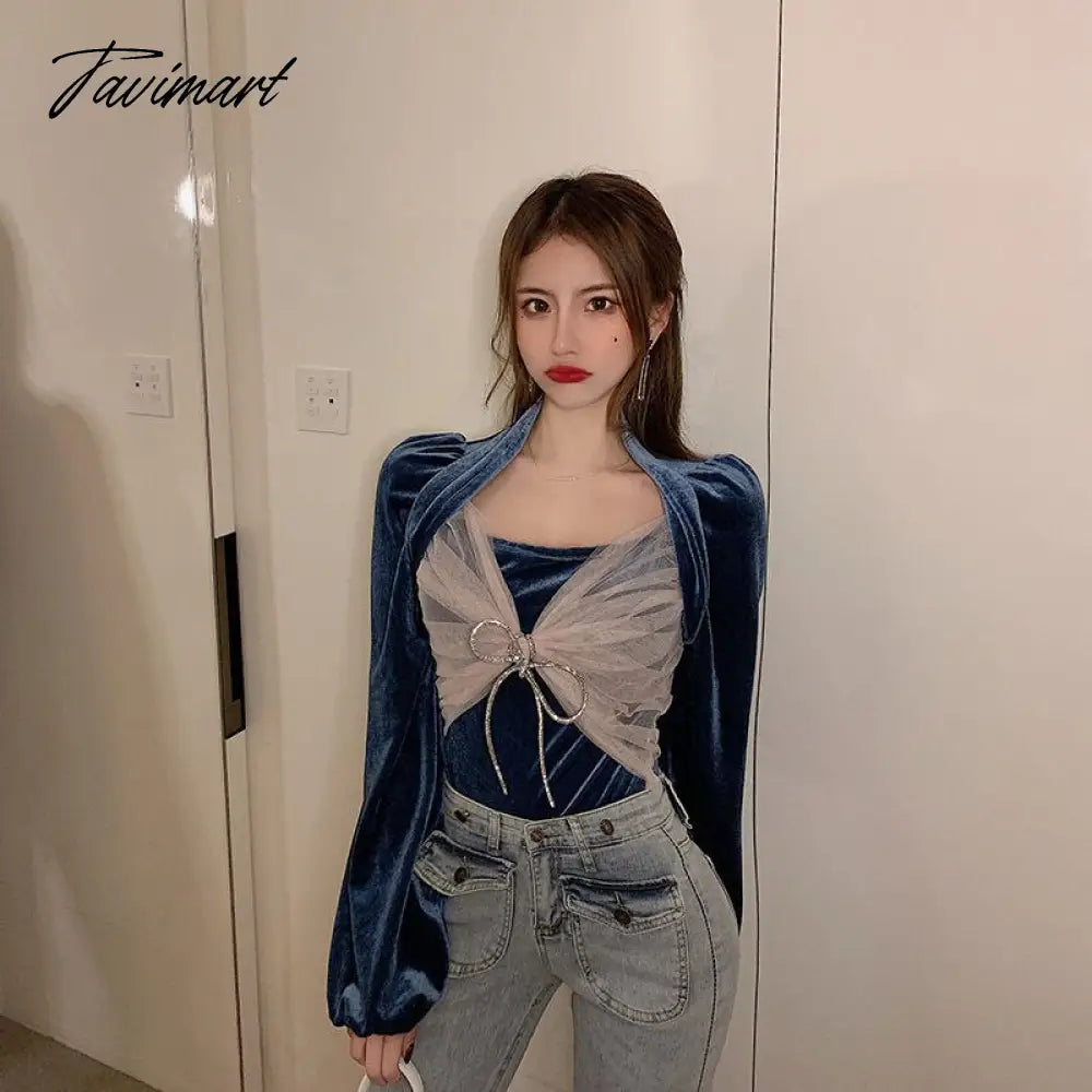 Tavimart Women Blouses Bow Gauze Patchwork Pleuche Shirts Sexy Lady Square Collar Puff Sleeve Blouse Korean Fashion Blusas Tops