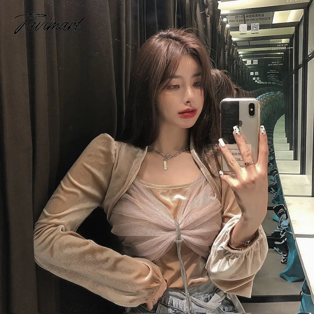 Tavimart Women Blouses Bow Gauze Patchwork Pleuche Shirts Sexy Lady Square Collar Puff Sleeve Blouse Korean Fashion Blusas Tops