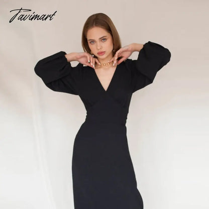 vzyzvWomen Elegant Puff Sleeve Party Midi Dress Office Ladies High Waist V-Neck Solid Dresses New Fashion Spring Summer Dress