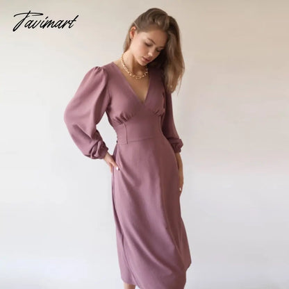 vzyzvWomen Elegant Puff Sleeve Party Midi Dress Office Ladies High Waist V-Neck Solid Dresses New Fashion Spring Summer Dress