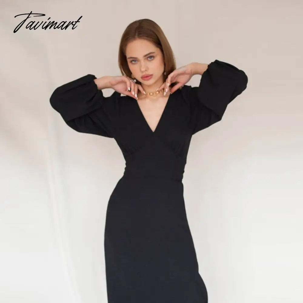 vzyzvWomen Elegant Puff Sleeve Party Midi Dress Office Ladies High Waist V-Neck Solid Dresses New Fashion Spring Summer Dress