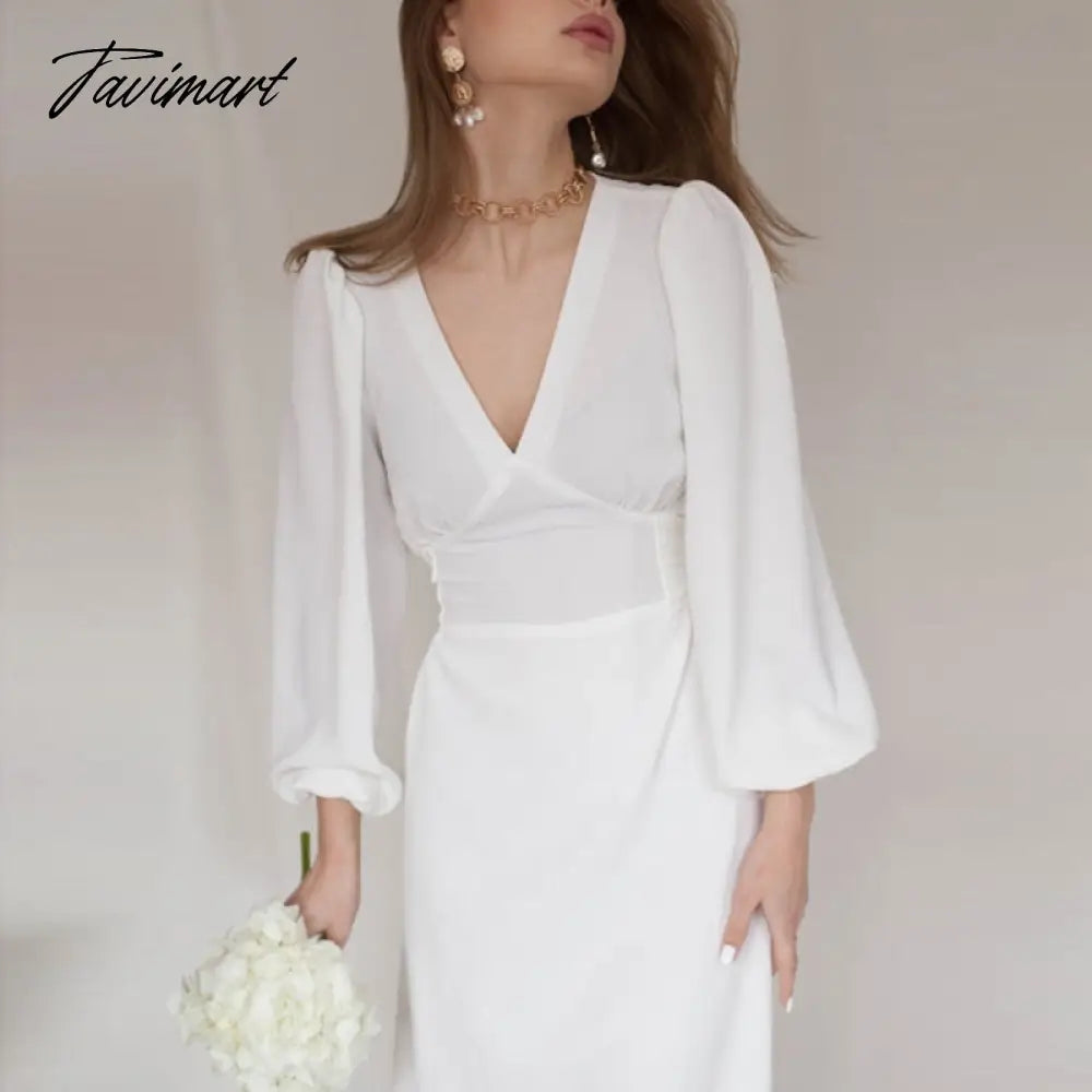 vzyzvWomen Elegant Puff Sleeve Party Midi Dress Office Ladies High Waist V-Neck Solid Dresses New Fashion Spring Summer Dress