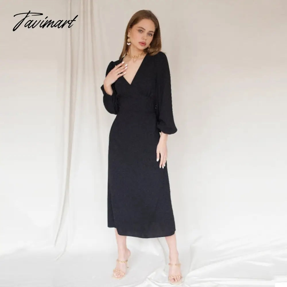 vzyzvWomen Elegant Puff Sleeve Party Midi Dress Office Ladies High Waist V-Neck Solid Dresses New Fashion Spring Summer Dress