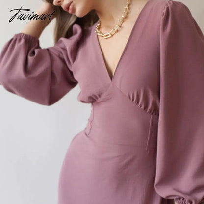 vzyzvWomen Elegant Puff Sleeve Party Midi Dress Office Ladies High Waist V-Neck Solid Dresses New Fashion Spring Summer Dress