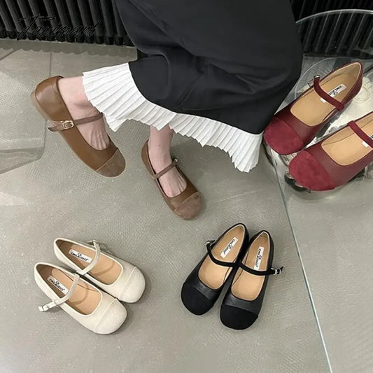 TAVIMART  -  Women Flat Women's Square Toe Retro Single Suede Pu Put Together Shoes One Word Buckle Mary Jane Shoes Ballerina Flats Mujer