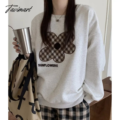 Tavimart Women Grey Sweatshirt Letter Flowers Pattern Crew Neck Korean Fashion Hip Hop Leisure Loose Fleece Thicken Winter Tops Pullover