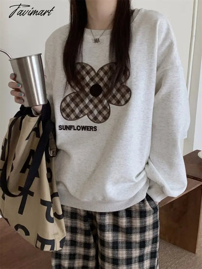 Tavimart Women Grey Sweatshirt Letter Flowers Pattern Crew Neck Korean Fashion Hip Hop Leisure Loose Fleece Thicken Winter Tops Pullover