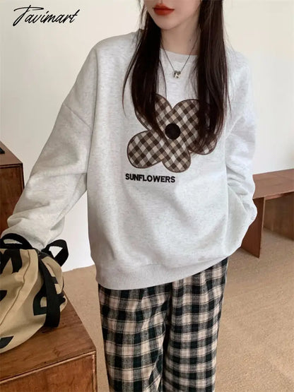 Tavimart Women Grey Sweatshirt Letter Flowers Pattern Crew Neck Korean Fashion Hip Hop Leisure Loose Fleece Thicken Winter Tops Pullover