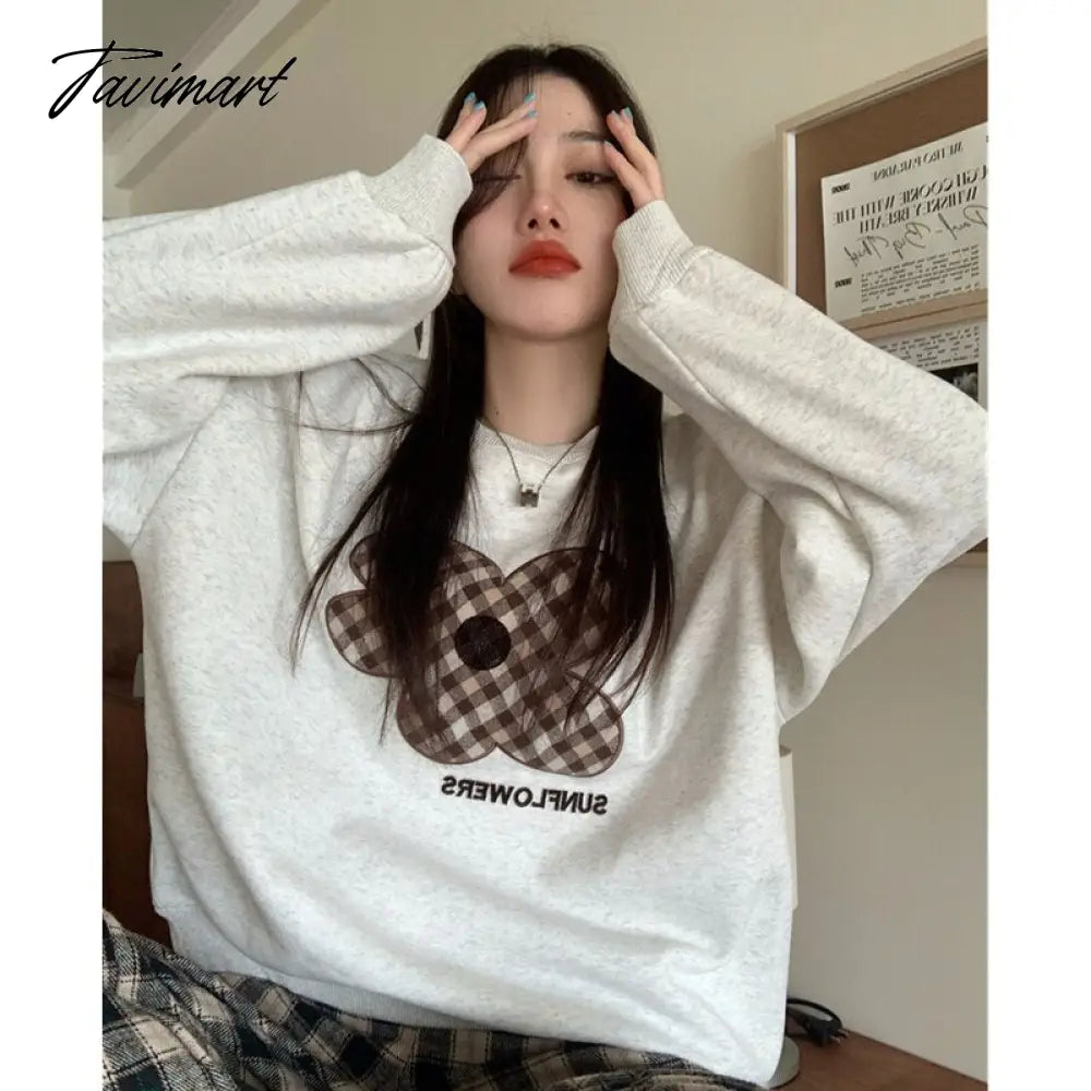 Tavimart Women Grey Sweatshirt Letter Flowers Pattern Crew Neck Korean Fashion Hip Hop Leisure Loose Fleece Thicken Winter Tops Pullover