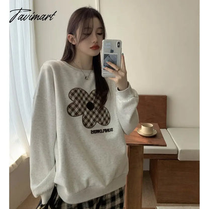 Tavimart Women Grey Sweatshirt Letter Flowers Pattern Crew Neck Korean Fashion Hip Hop Leisure Loose Fleece Thicken Winter Tops Pullover