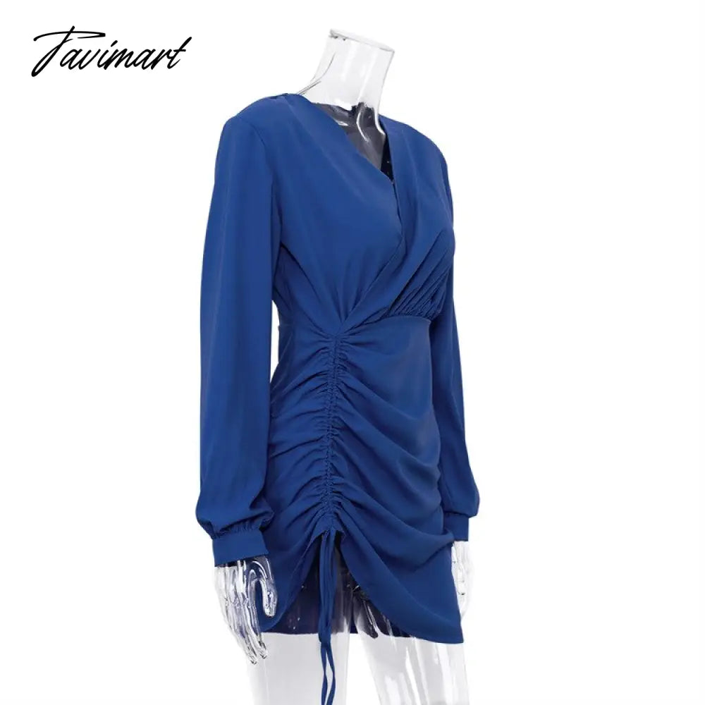 vzyzvWomen Klein Blue Spring Dress Drawstring Skirt V-neck Sexy Long Sleeve High Waist Elegant Dress