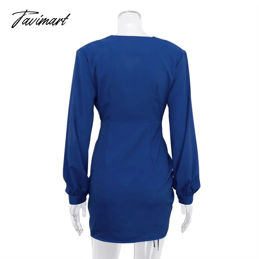 vzyzvWomen Klein Blue Spring Dress Drawstring Skirt V-neck Sexy Long Sleeve High Waist Elegant Dress