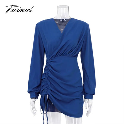 vzyzvWomen Klein Blue Spring Dress Drawstring Skirt V-neck Sexy Long Sleeve High Waist Elegant Dress