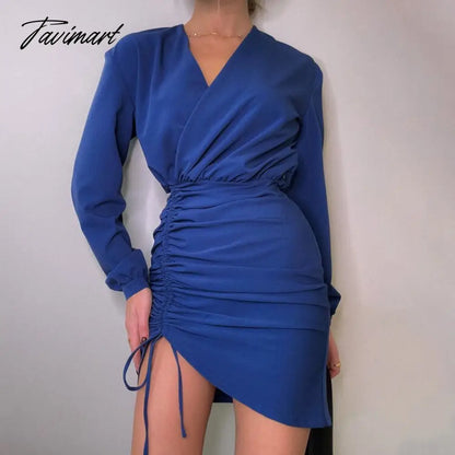 vzyzvWomen Klein Blue Spring Dress Drawstring Skirt V-neck Sexy Long Sleeve High Waist Elegant Dress