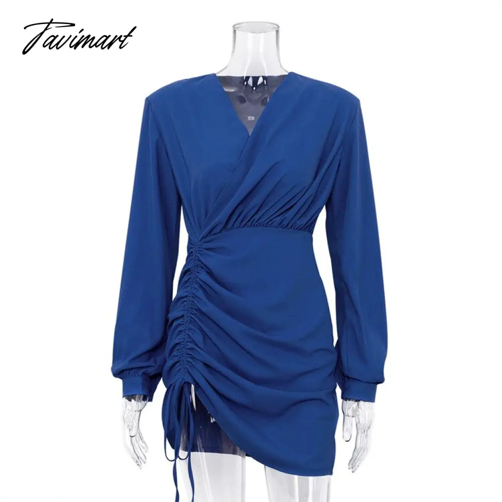 vzyzvWomen Klein Blue Spring Dress Drawstring Skirt V-neck Sexy Long Sleeve High Waist Elegant Dress