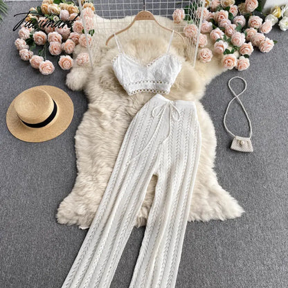 Tavimart Women Korean Style Knitted Pants Sets Summer Elastic Waist Belt Vacation Elegant Ladies Beach A Line Two Piece Sets