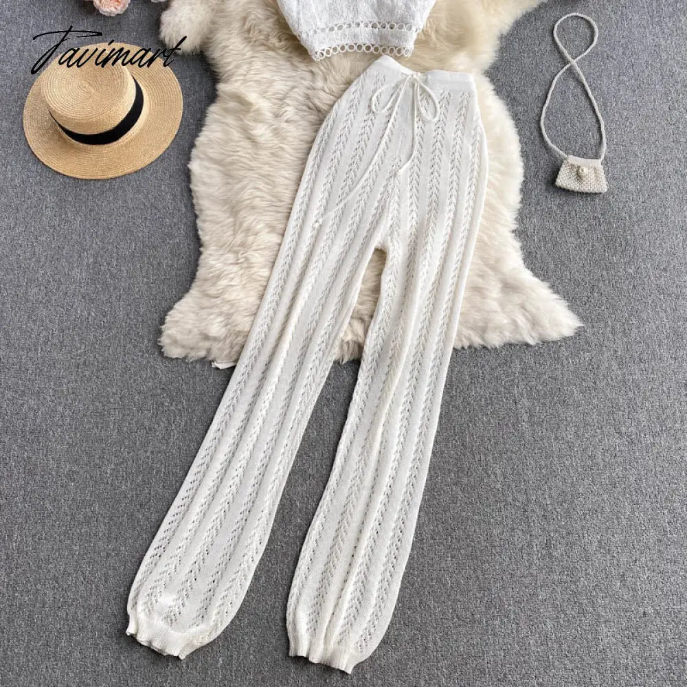 Tavimart Women Korean Style Knitted Pants Sets Summer Elastic Waist Belt Vacation Elegant Ladies Beach A Line Two Piece Sets